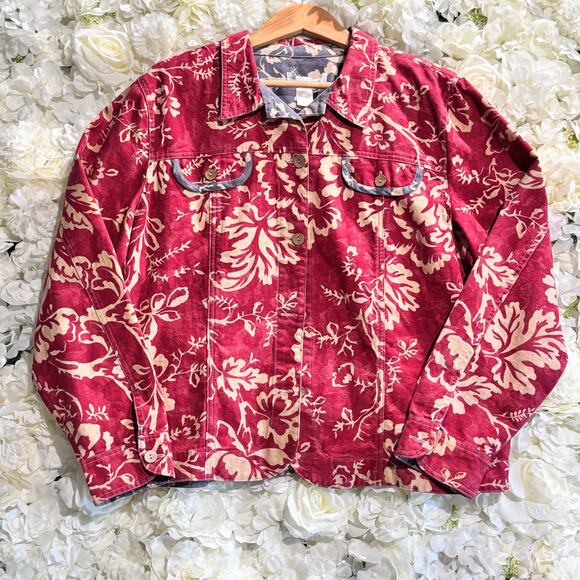 Coldwater Creek Women’s Red Floral Denim Jacket Button Front Country Chic Sz XL - Picture 2 of 9